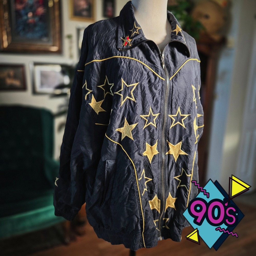 Fuda International Silk Jacket Vintage 90s Black Gold Star Embroidered Bomber 2X
